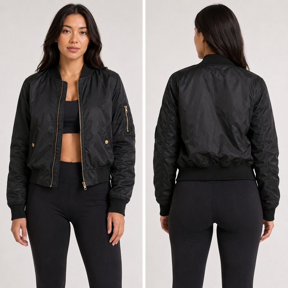 Wet Seal Womens Medium Black Bomber Jacket Full Zip Gold Hardware Utility